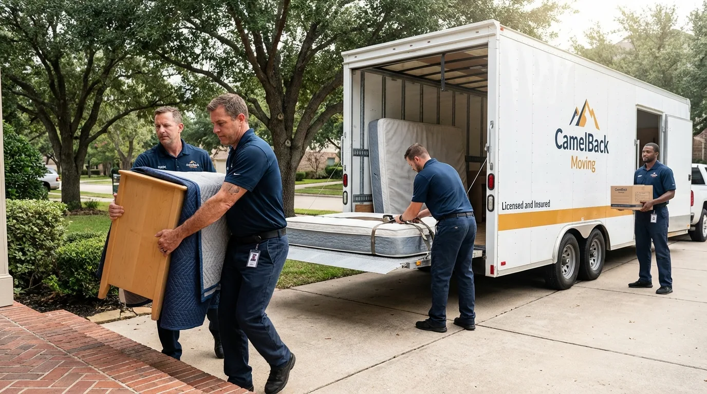 Crew loading residential truck for cross-state move from Port Neches, TX