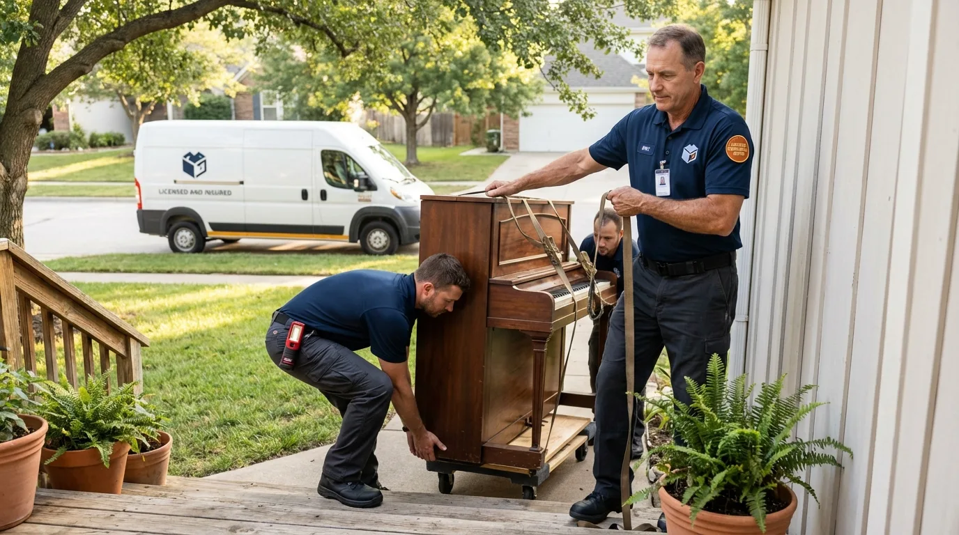 Licensed piano movers securing grand piano in Port Neches, TX