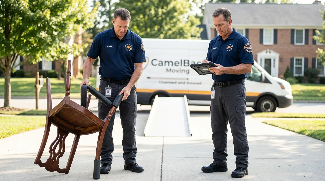 Movers inspecting furniture for damage prevention before loading in Port Neches, TX