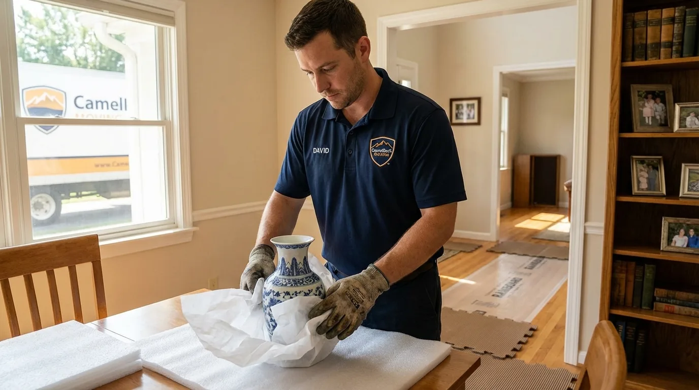 Professional crew carefully wrapping antique vase for senior downsizing move in Port Neches, TX